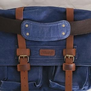 A blue messenger bag.